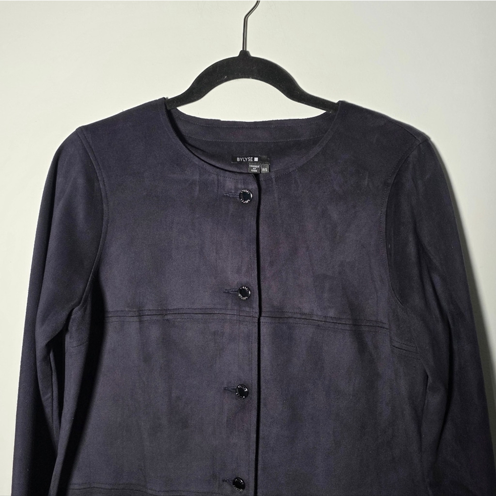 Bylyse Longline Faux Suede Jacket Navy Button Front Pockets Small - Picture 3 of 12